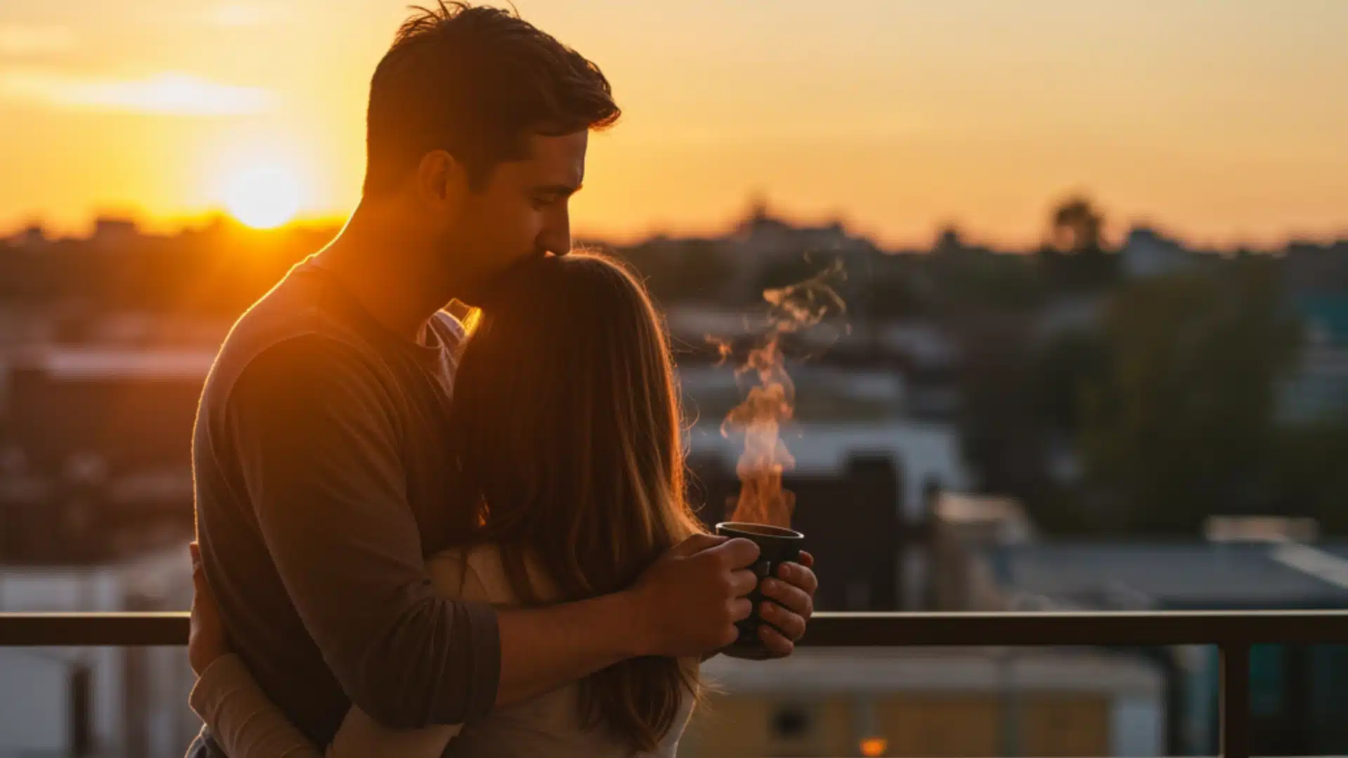 Couple enjoying coffee together while watching a vibrant sunset from a rooftop.