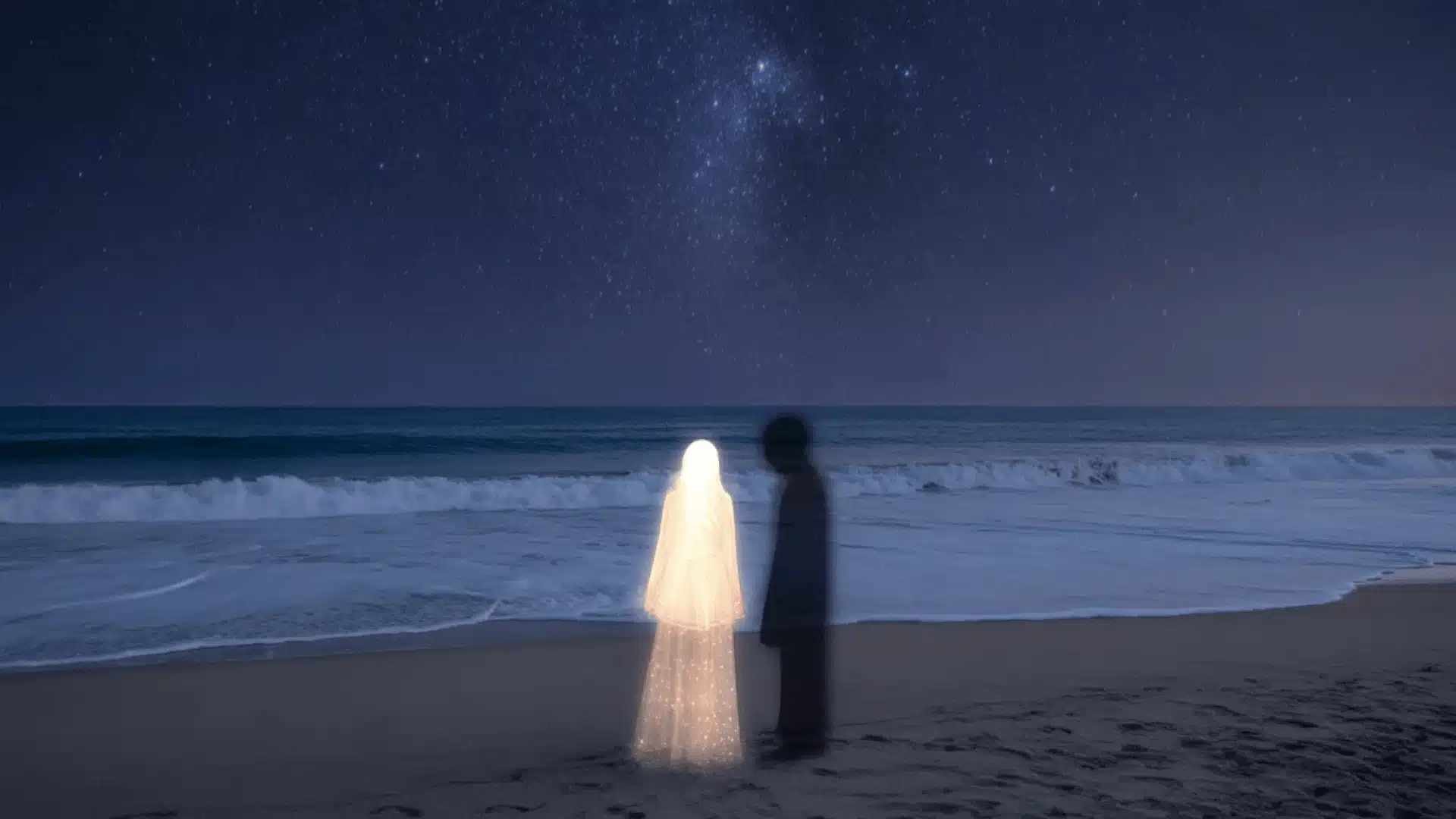 Glowing figure and shadowy partner stand on beach under starry sky with waves in background