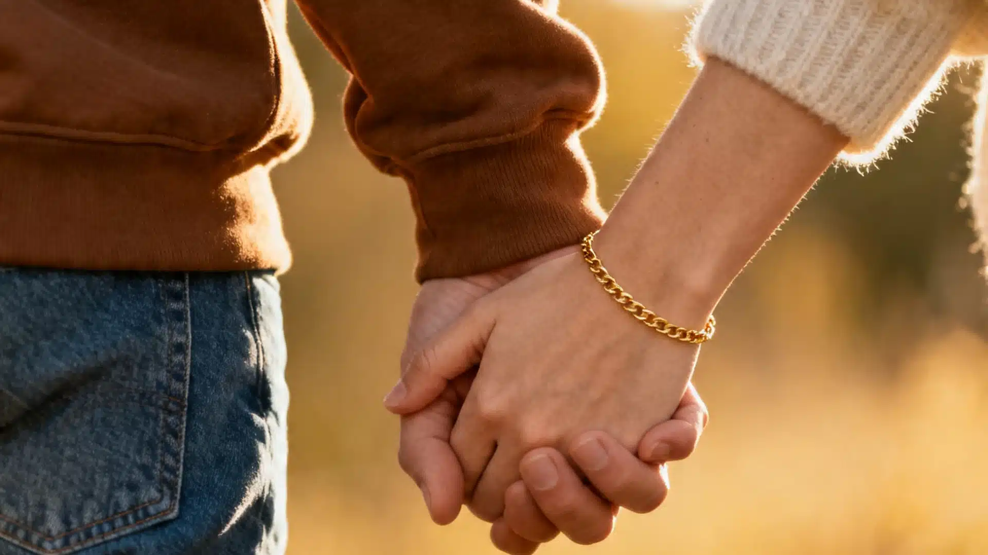 A couple holding hands in a vibrant field, enjoying a moment of connection amidst nature.
