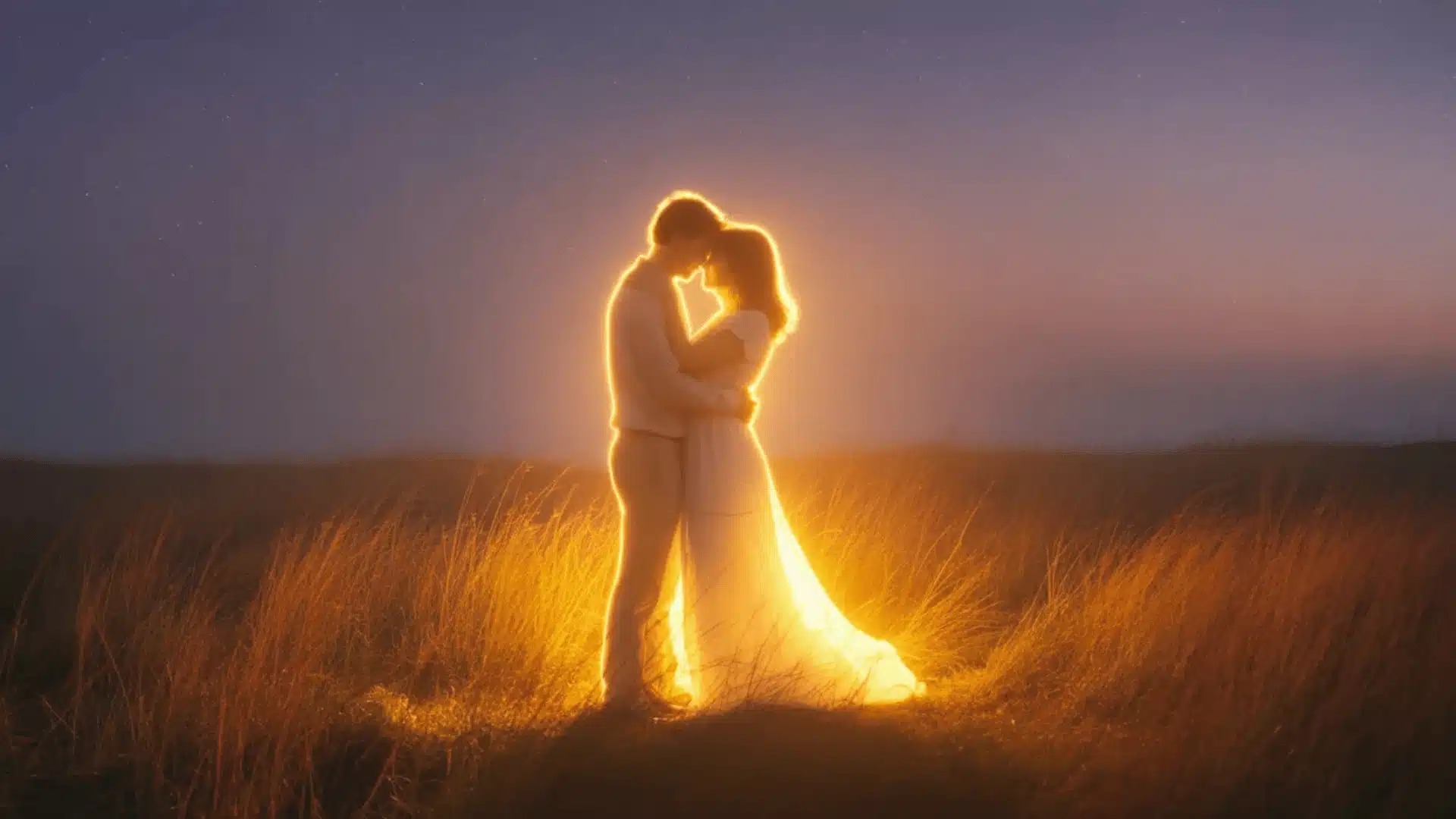 Glowing couple embracing in a field at dusk, surrounded by warm light under a calm twilight sky