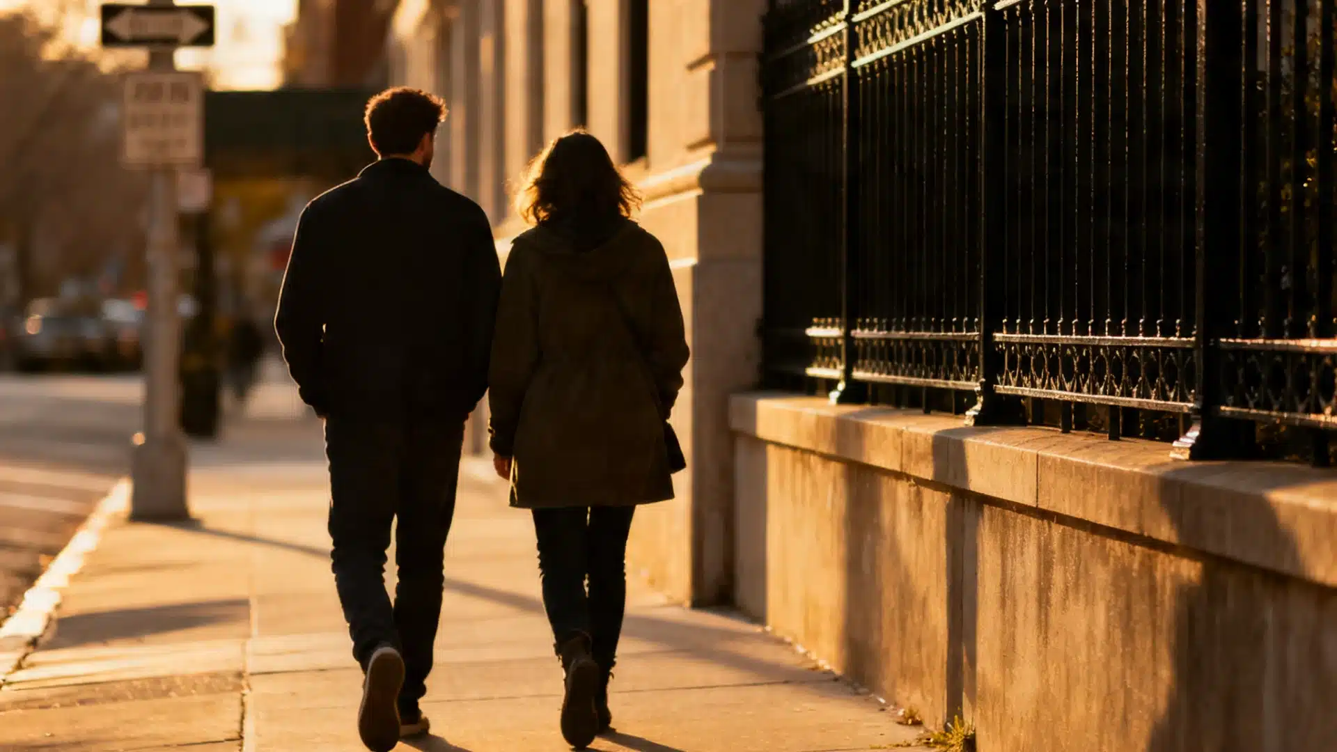 A couple walks away from the camera down a sunlit city sidewalk next to a black wrought-iron fence and building facade.
