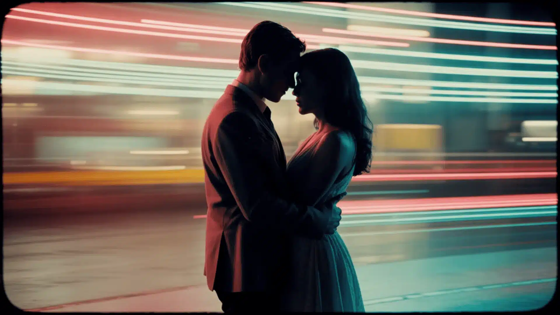 Couple embracing in city at night, neon light trails blur behind, creating a romantic cinematic mood