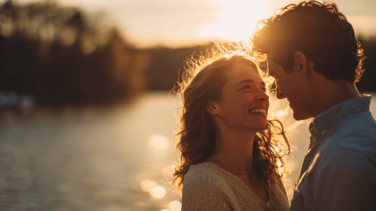 smiling man and woman looking at each other outdoors by water during golden hour with warm sunlight glow behind them