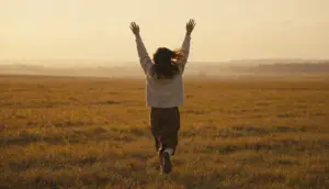 A woman running freely in a sunlit field at sunset, and the freedom is what you get with a balanced atopobium vaginae in your life