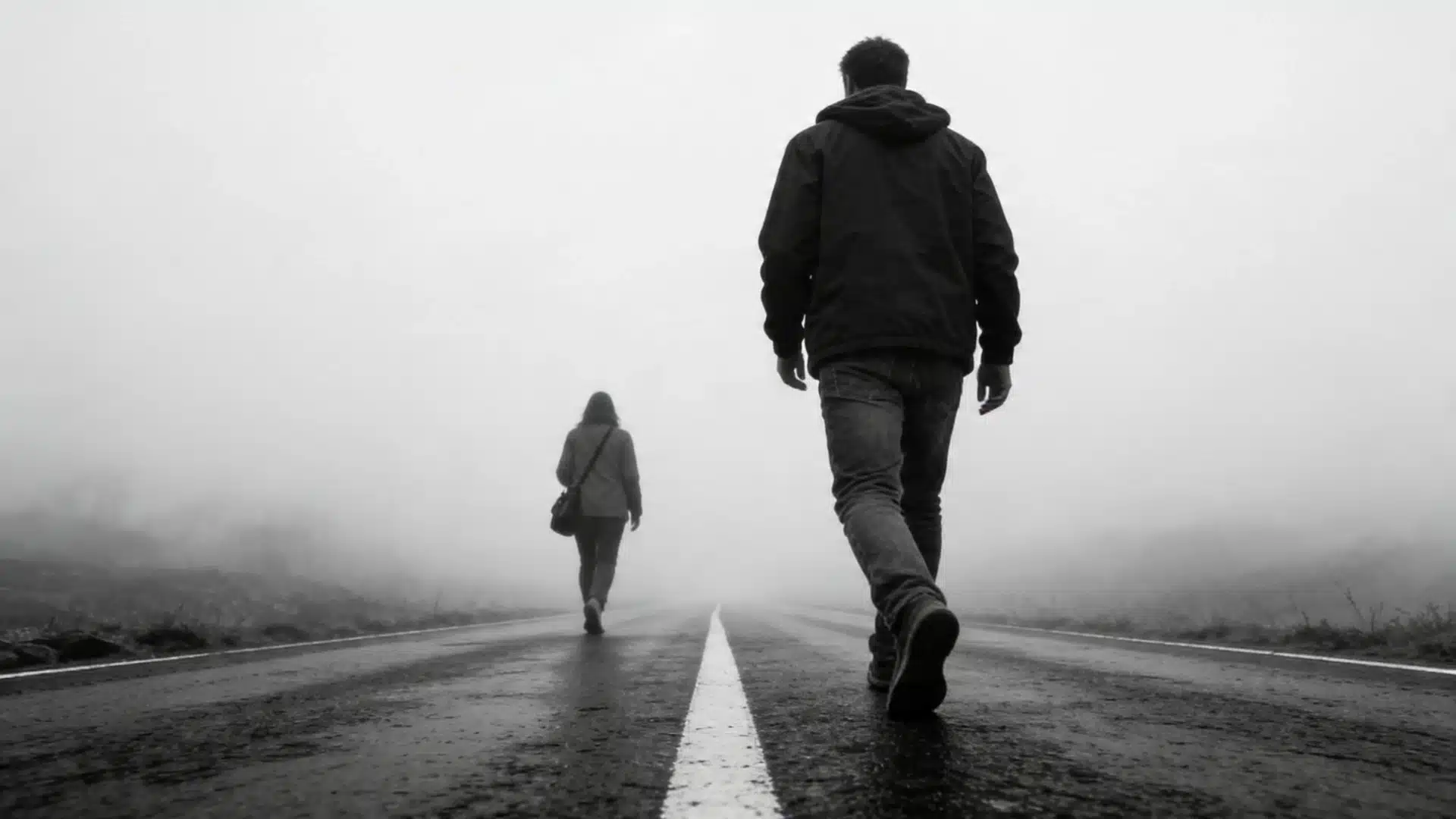 A couple strolls down a fog-covered road, their figures partially obscured by the dense mist.