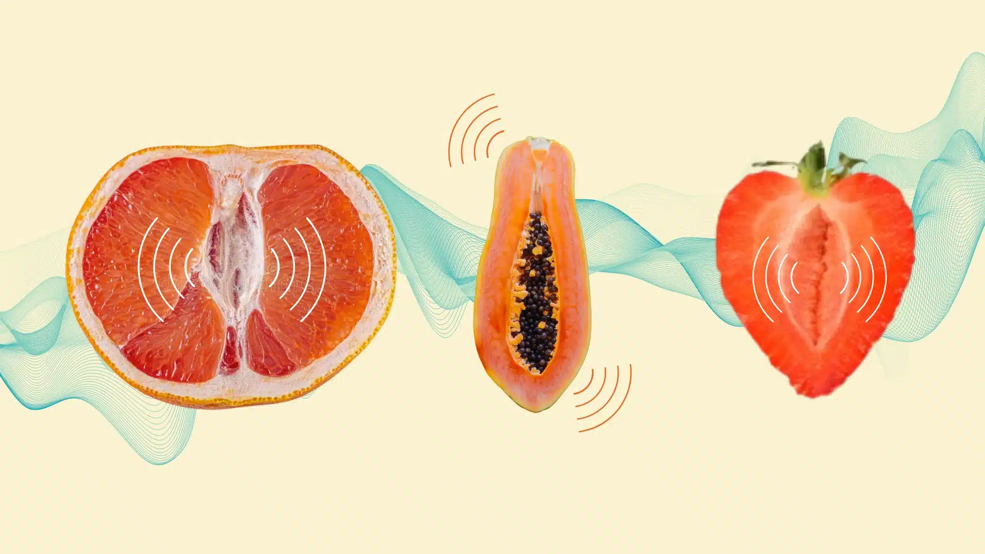 A halved grapefruit, papaya, and strawberry arranged horizontally against a pale yellow background with wave patterns symbolising throbbing