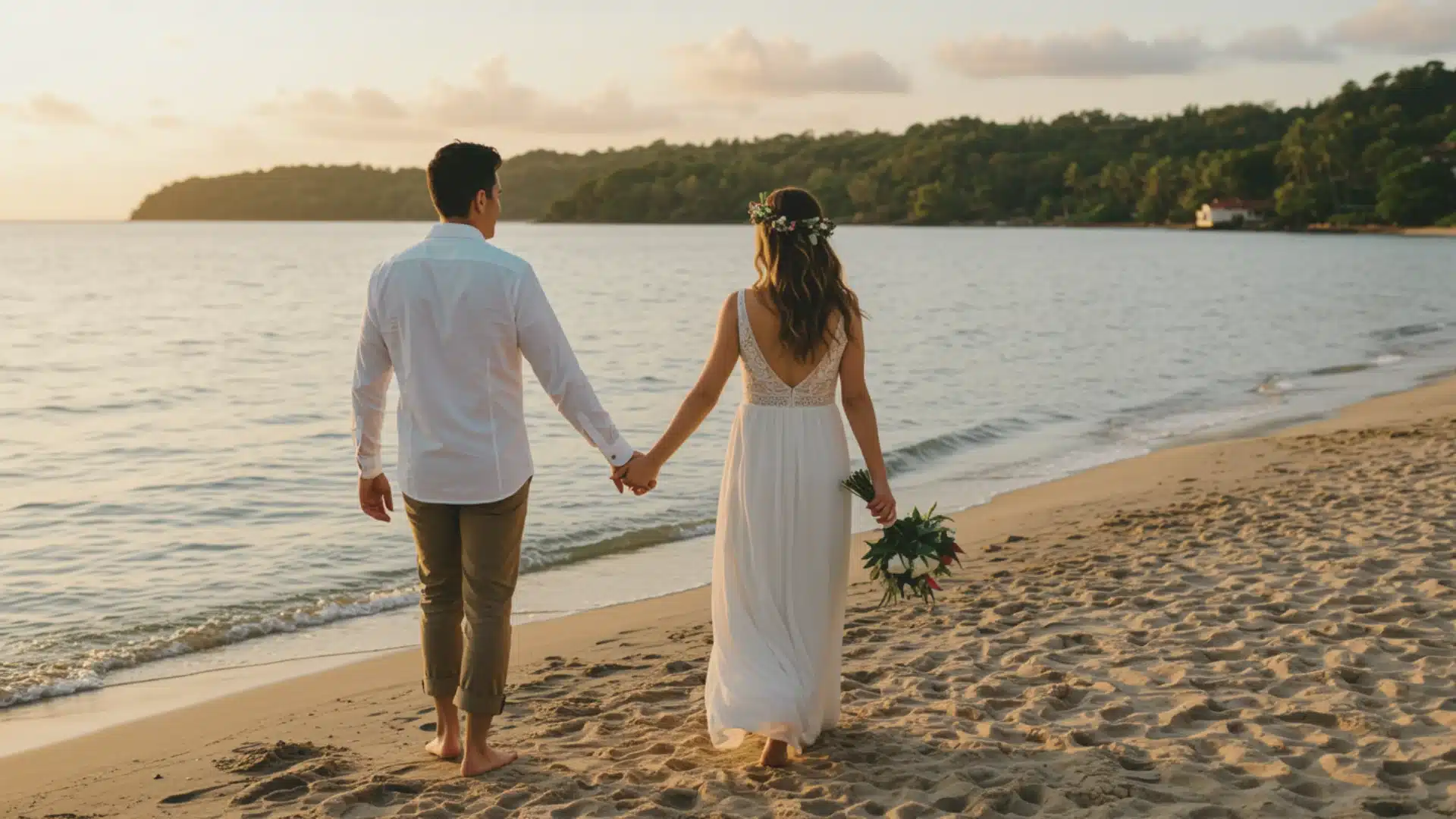 A newlywed couple enjoys a romantic walk on the beach at sunset, surrounded by soft waves and a golden sky