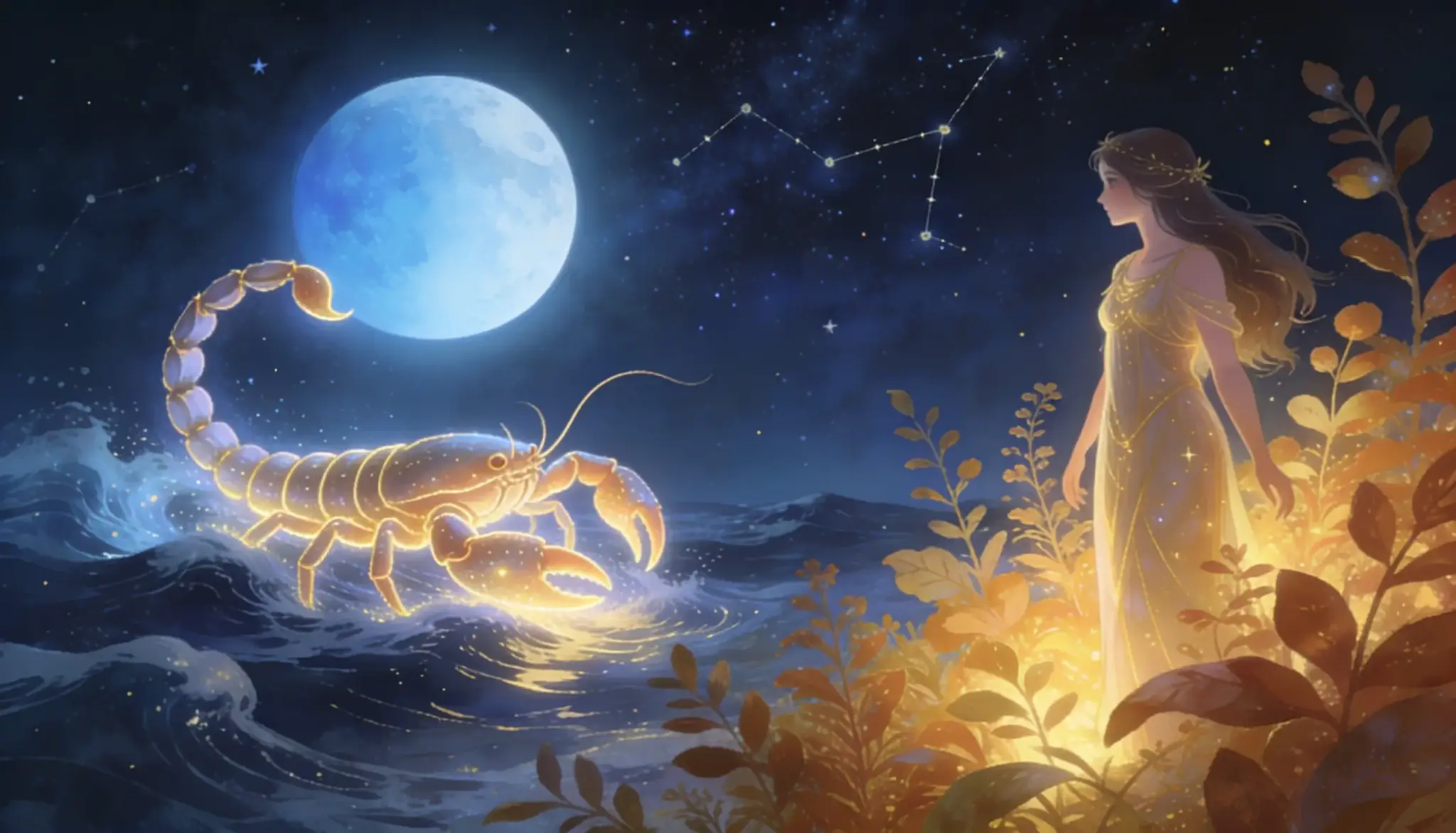A woman in a glowing gown stands among illuminated foliage beneath a starry night sky featuring a large blue moon and a glowing, golden scorpion constellation symbol above the water