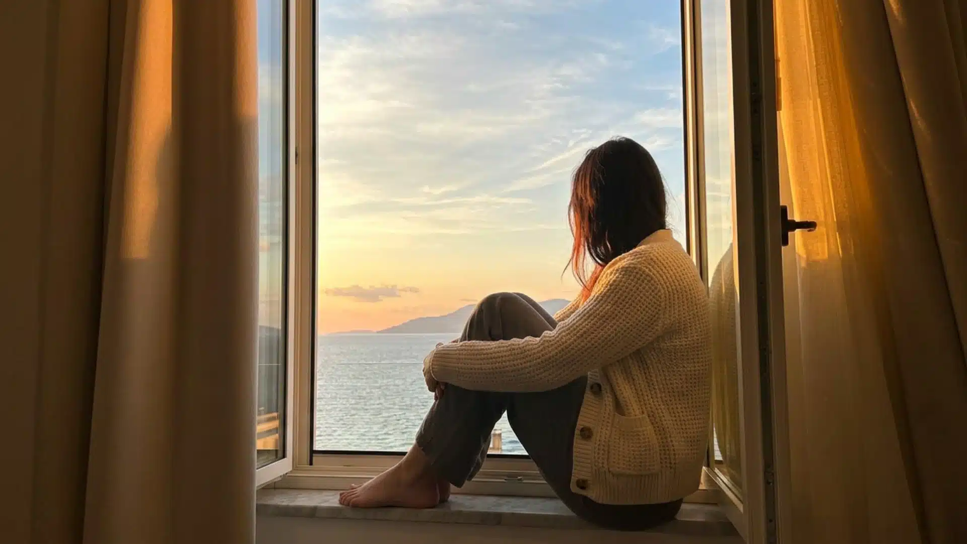 A woman perched on a window sill, looking thoughtfully at the ocean waves in the distance.
