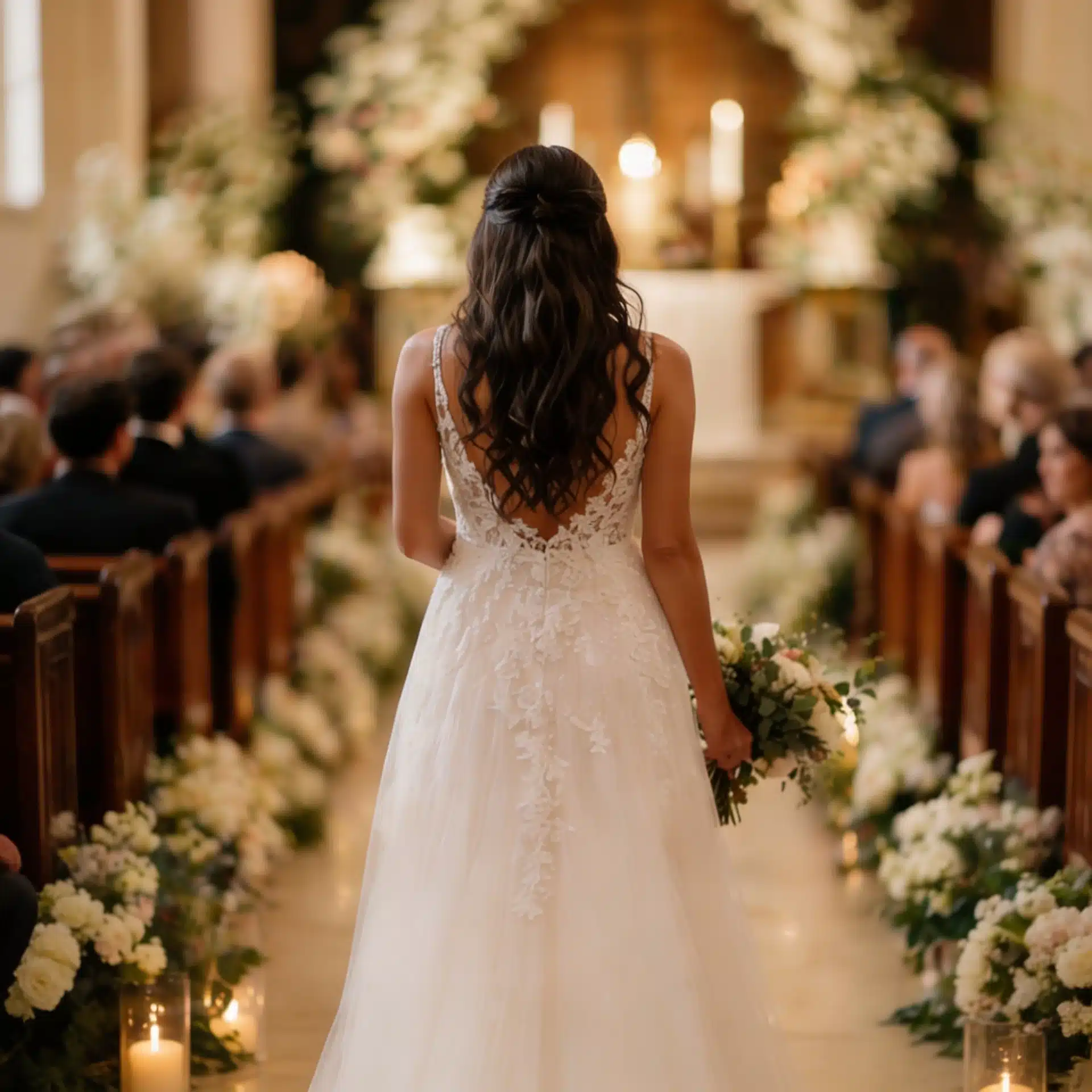 Bride walking down the aisle from back view during wedding ceremony moment