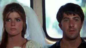 Close-up of a young woman in a wedding dress and veil next to a young man, likely a scene from the film The Graduate