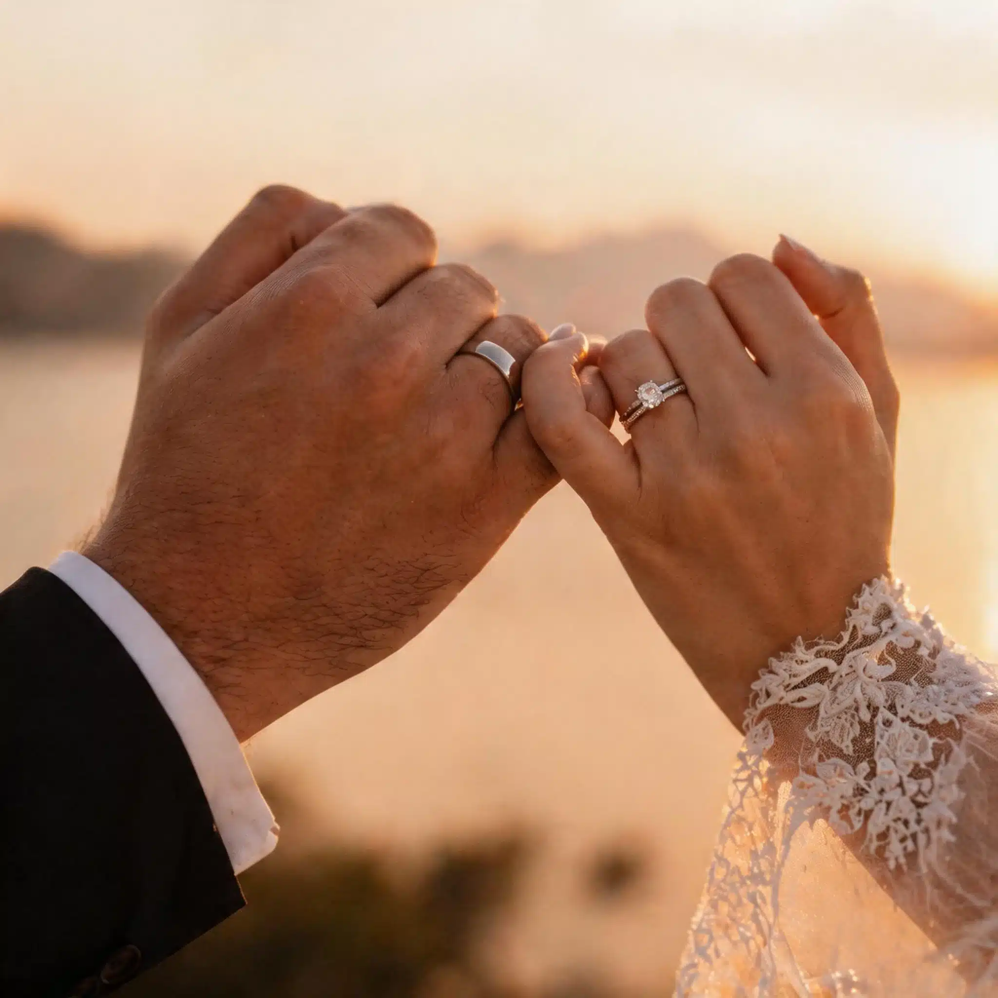 Couple making a pinky promise with rings visible at sunset close-up