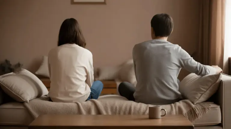 Couple sitting apart on couch, facing away, tense mood in a softly lit living room