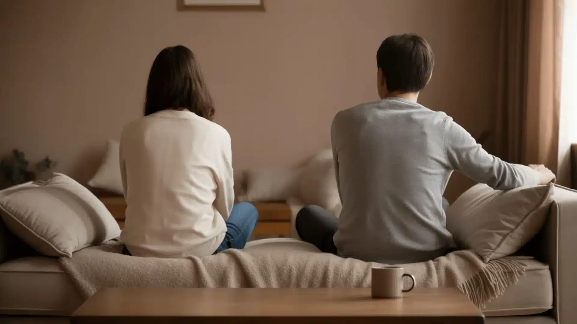 Couple sitting apart on couch, facing away, tense mood in a softly lit living room