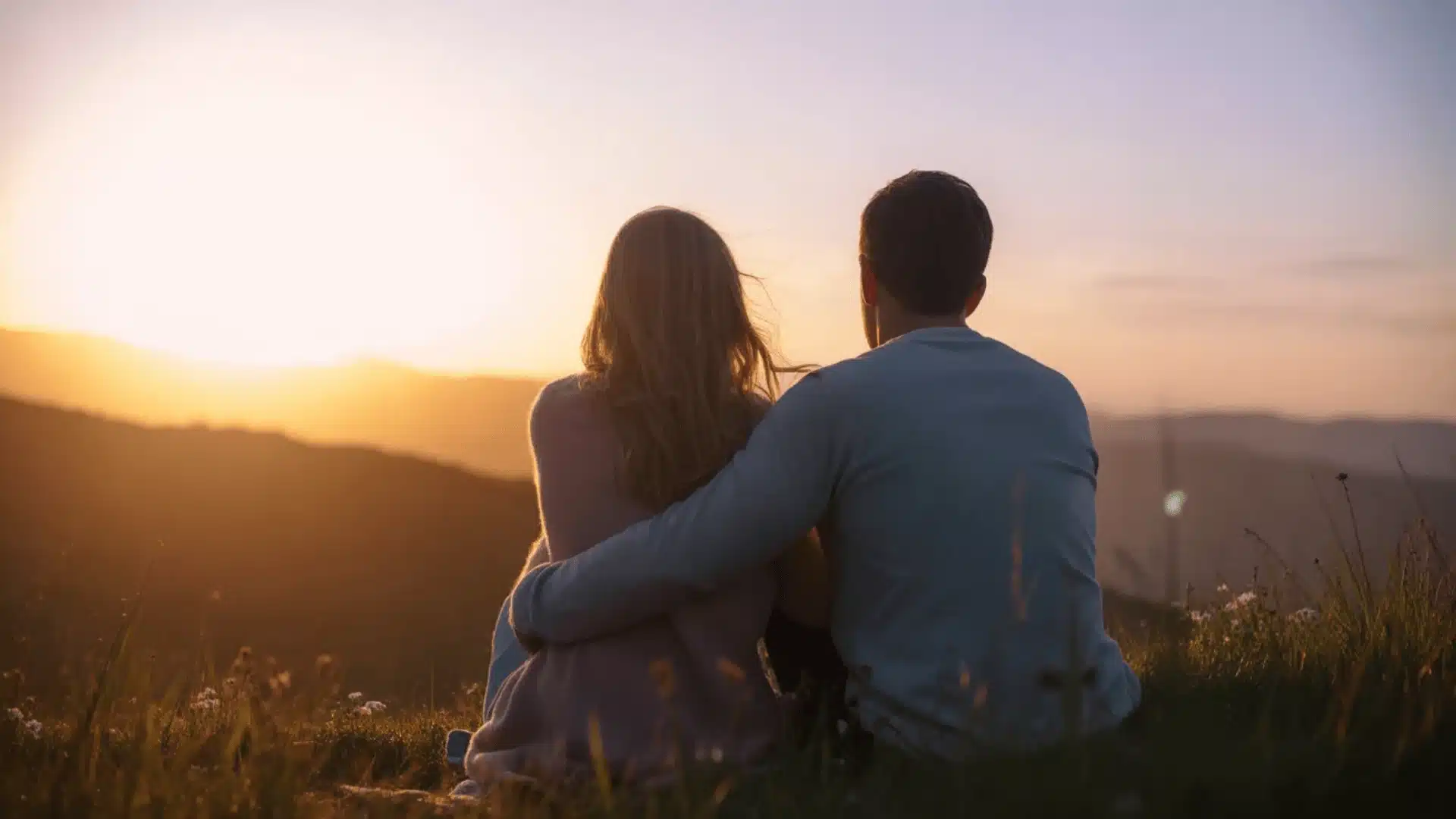 Couple sitting close, back view, watching sunset over hills, peaceful and warm moment