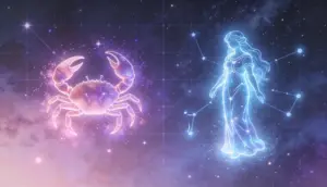 Glowing neon outline illustrations of the Cancer (crab) and Virgo (maiden) zodiac signs set against a deep, star-filled cosmic background
