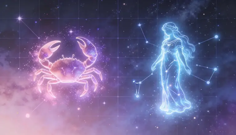 Glowing neon outline illustrations of the Cancer (crab) and Virgo (maiden) zodiac signs set against a deep, star-filled cosmic background