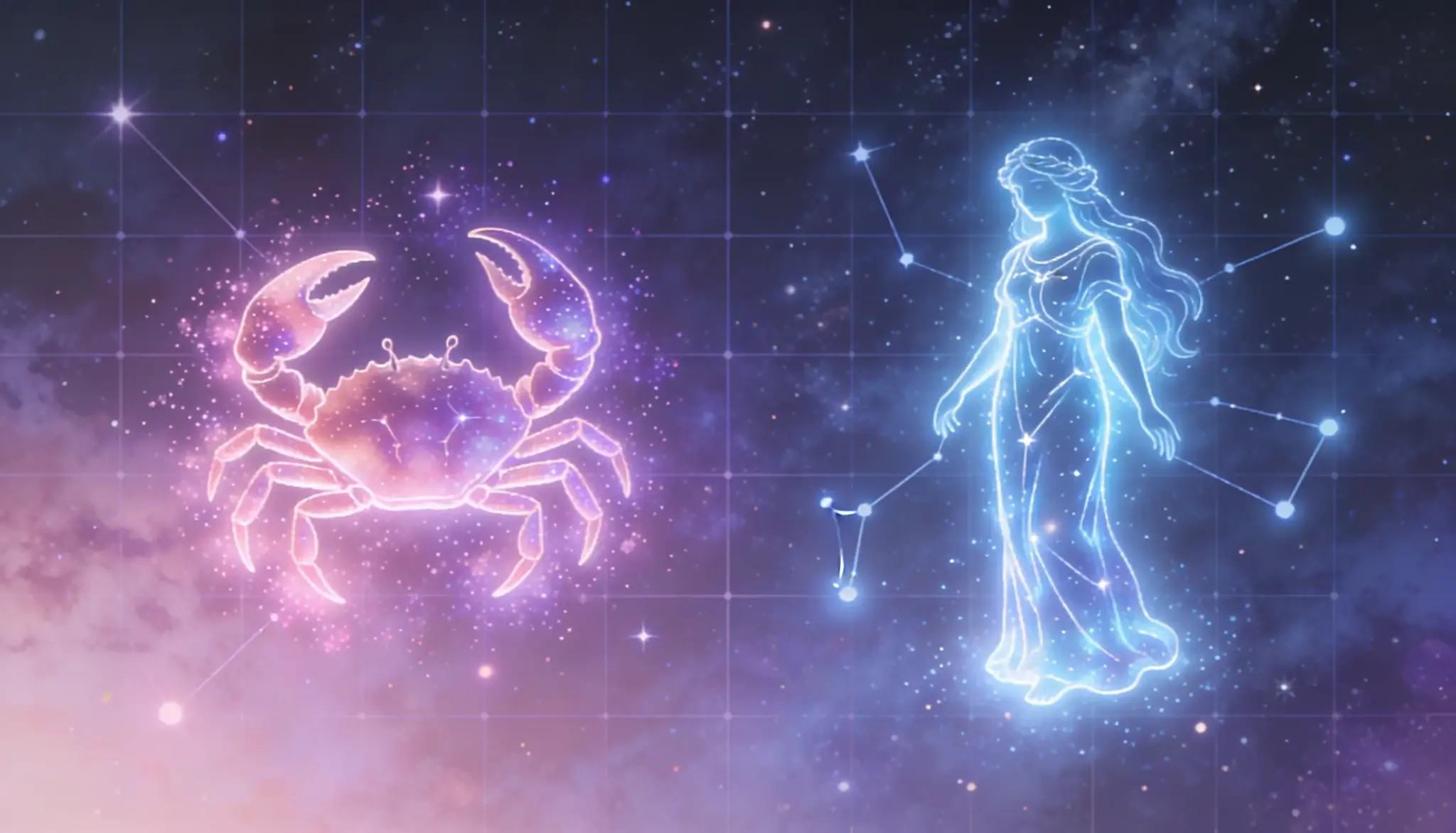 Glowing neon outline illustrations of the Cancer (crab) and Virgo (maiden) zodiac signs set against a deep, star-filled cosmic background