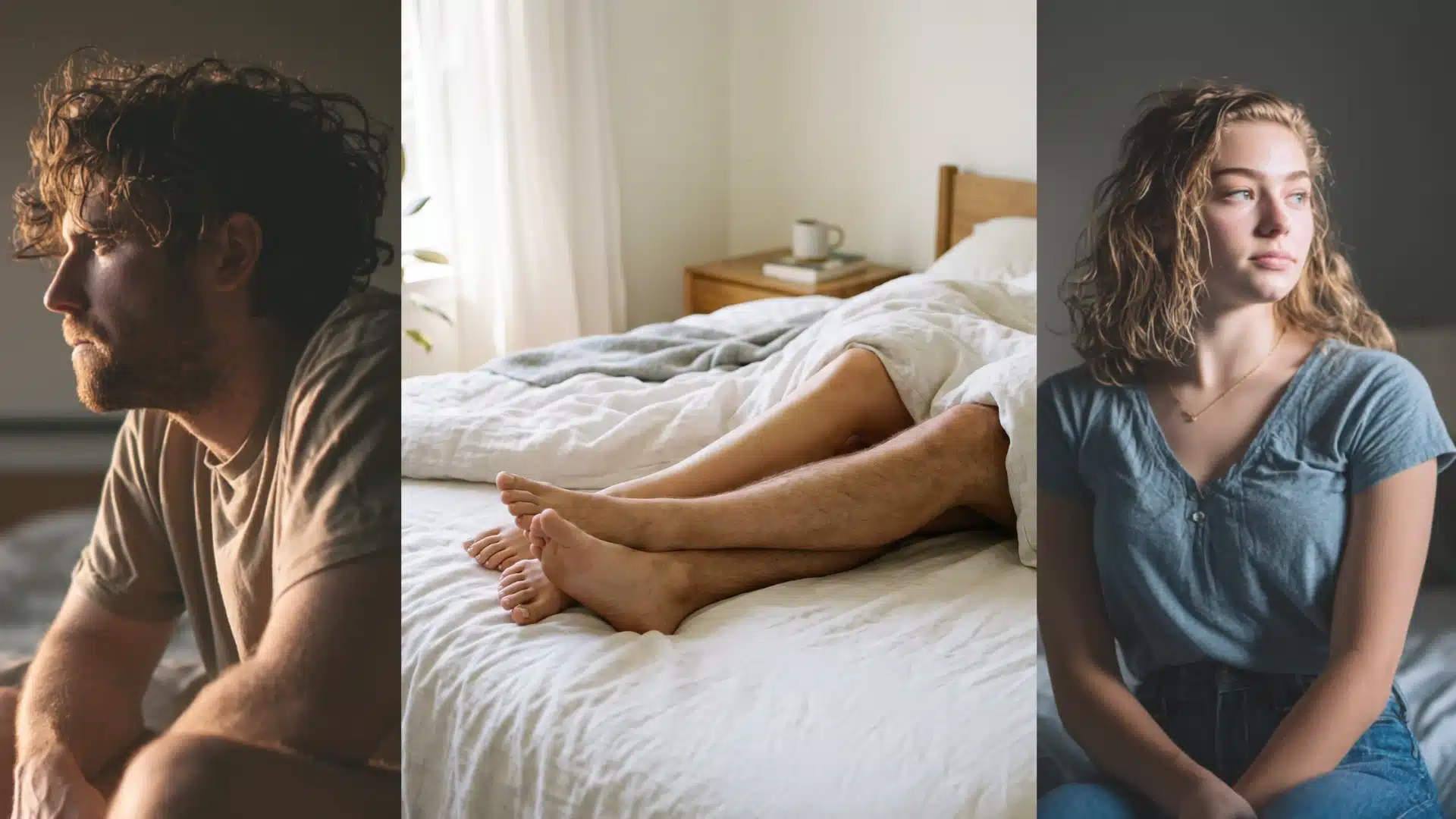 Triptych of a pensive man a couple in bed and a woman staring away while exploring how a relationship changes over time (1)