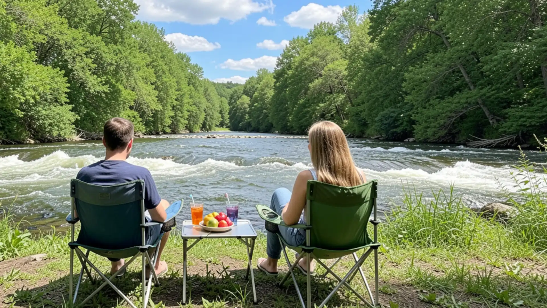 Two individuals seated in chairs by a river, enjoying the serene view and each other's company.