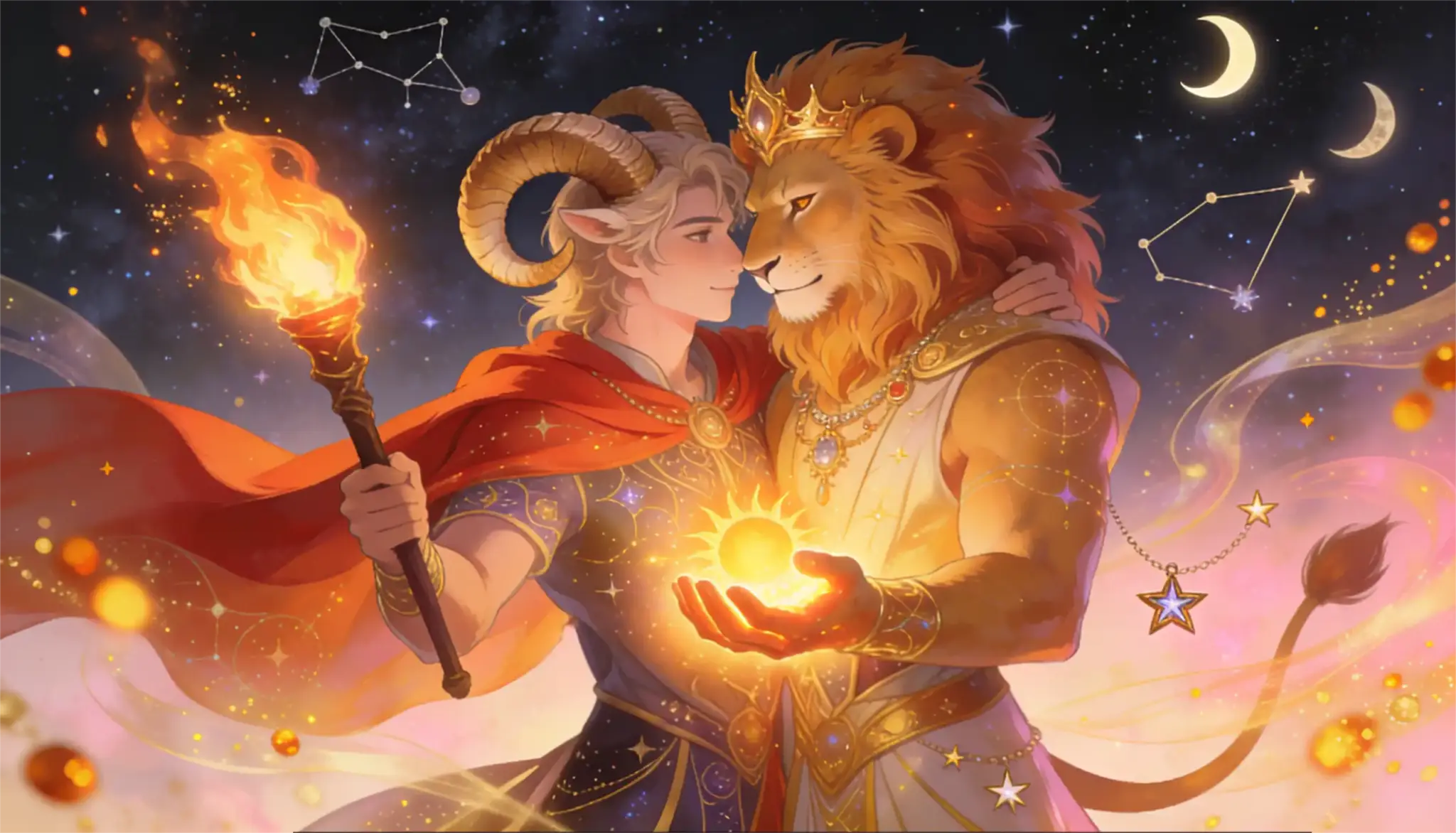 Illustration of a human with horns holding a fiery torch, with a crowned lion under a starry sky with constellations.