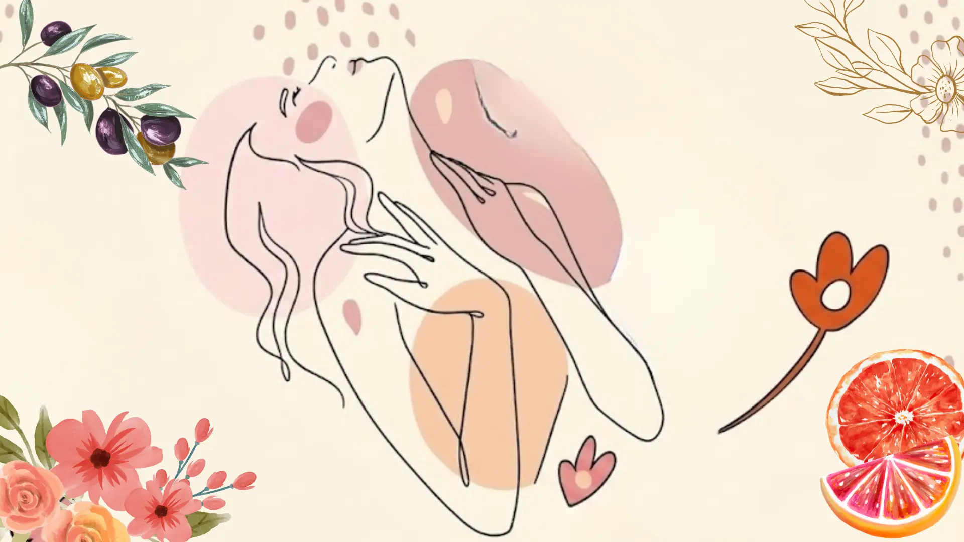 Minimalist line art illustration of a woman tilting her head back in bliss with soft pink abstract shapes and citrus fruits
