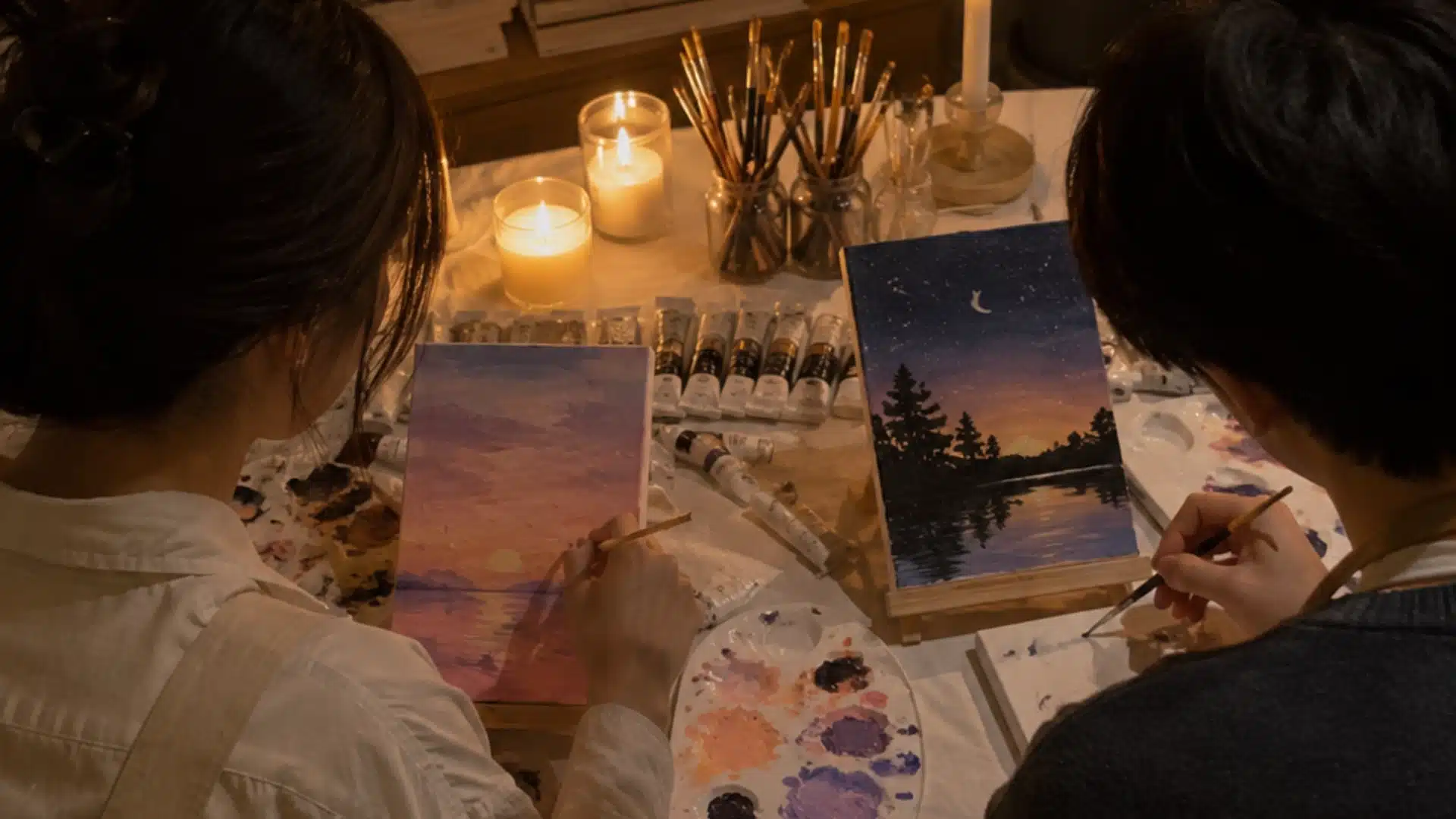 Cozy pottery painting date with couple creating ceramic art in a warm candlelit studio setting