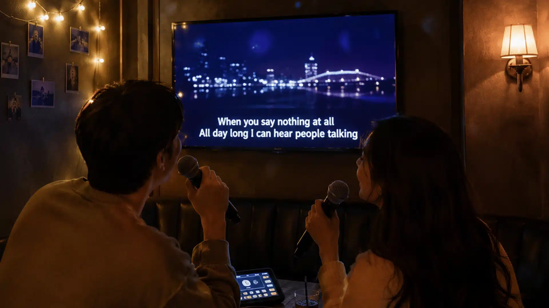 Romantic karaoke date night with couple singing together in a cozy dimly lit private lounge