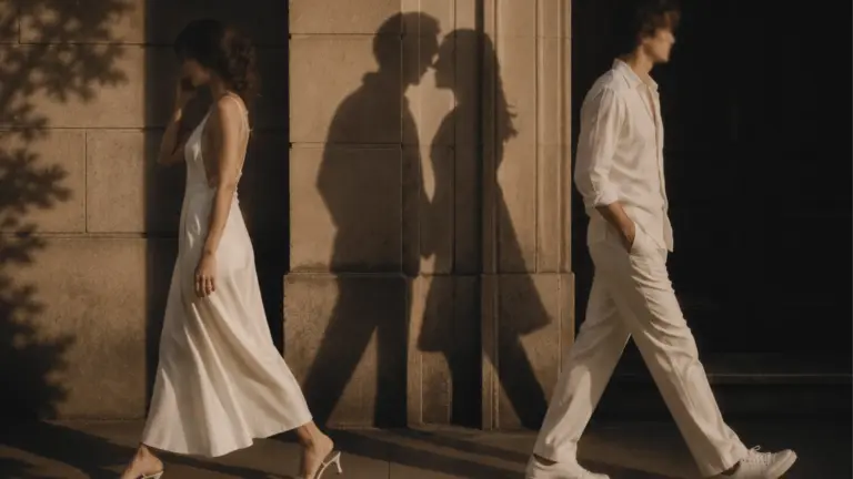a modern couple walking past a sunlit wall in matching white outfits their shadows on the wall show them facing each other in a romantic pose