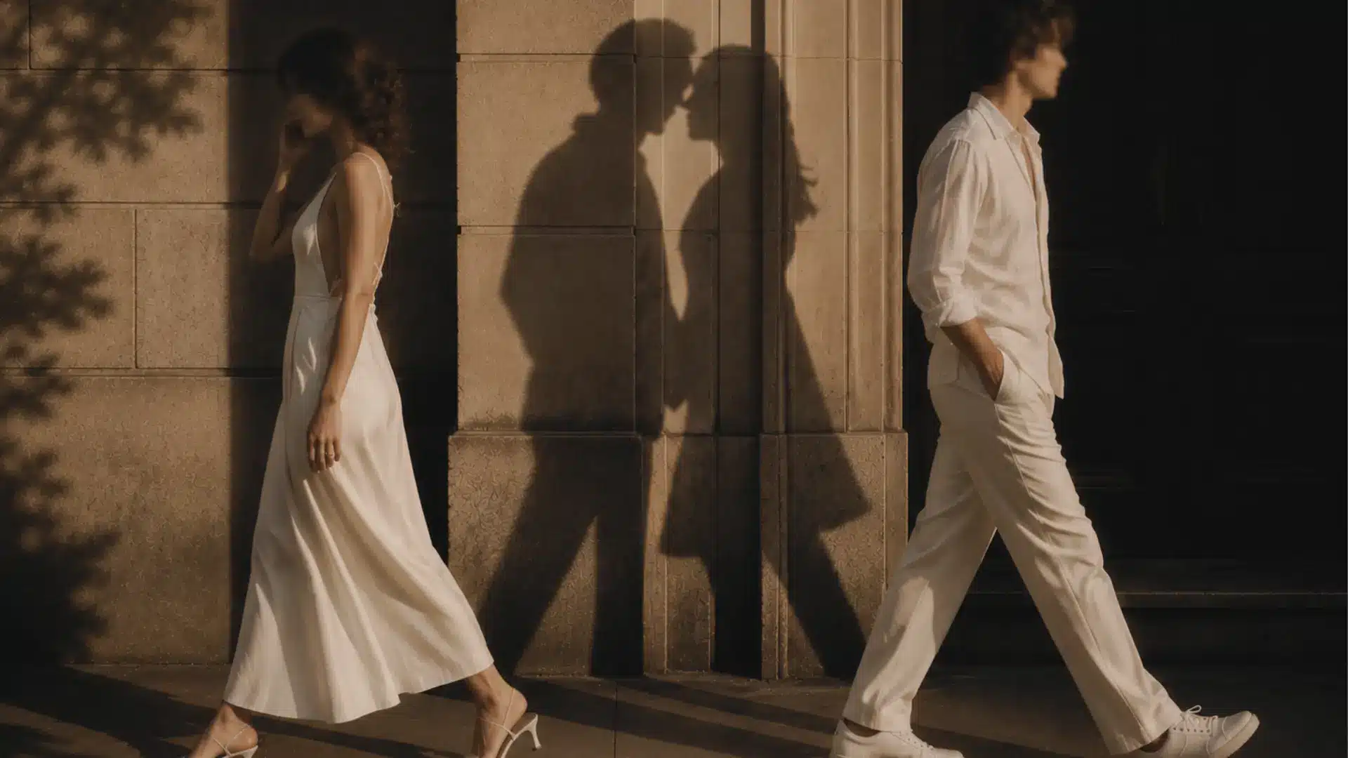 a modern couple walking past a sunlit wall in matching white outfits their shadows on the wall show them facing each other in a romantic pose