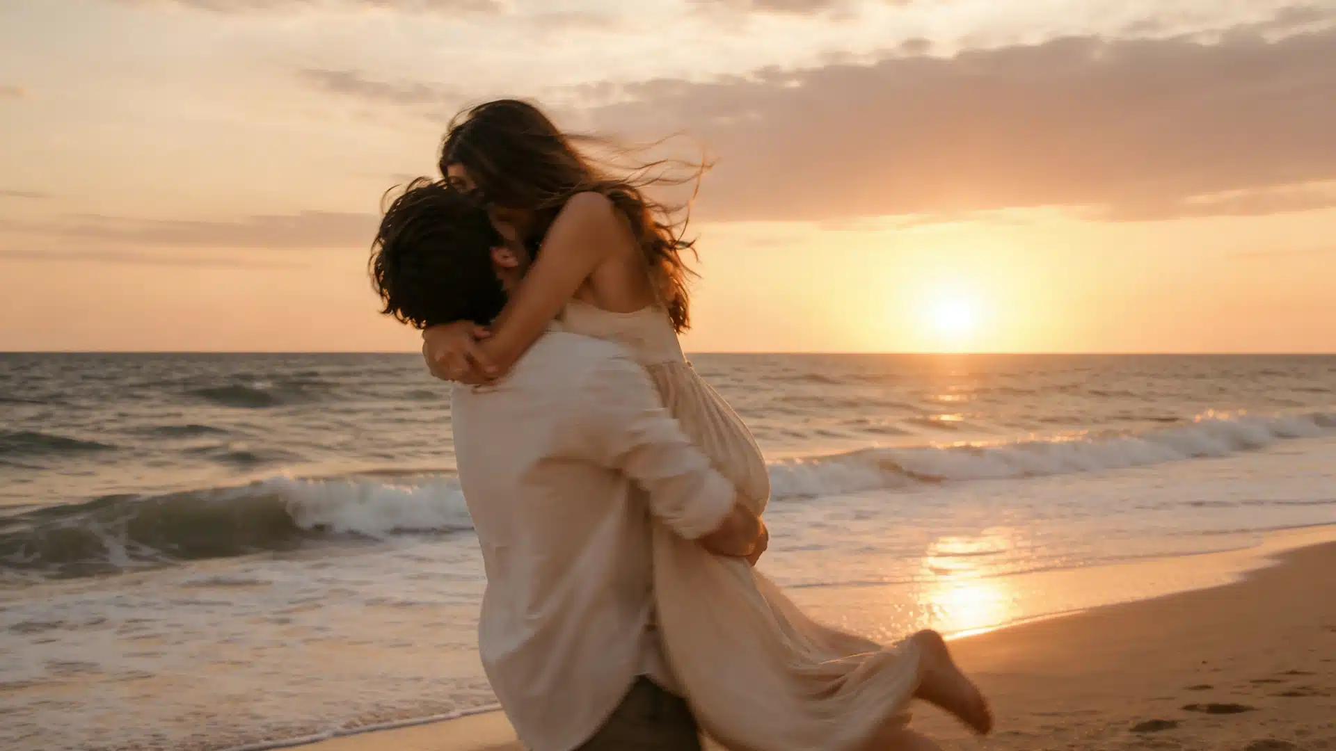 Man lifting woman in a warm embrace on a beach at sunset, waves crashing behind them