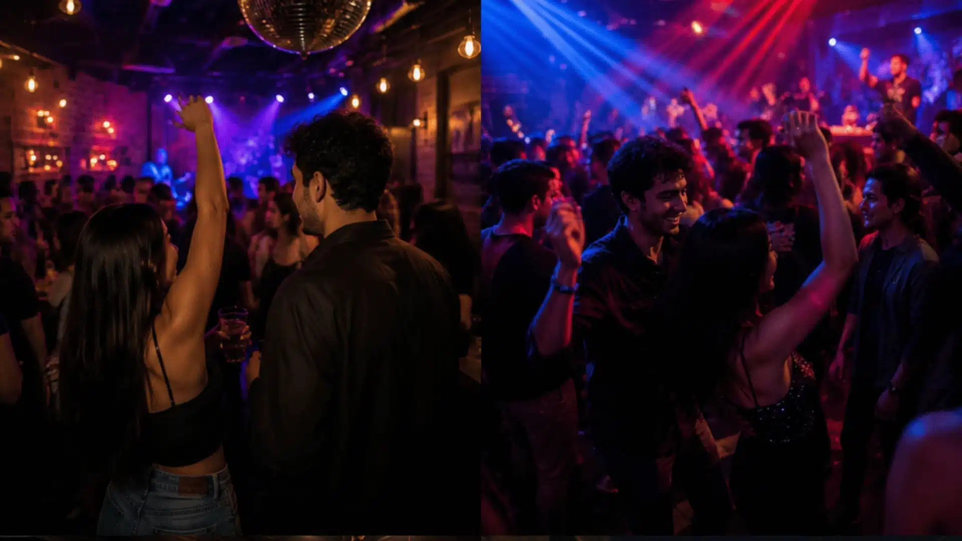Fun nightlife collage with couples dancing, rooftop drinks, and games in colorful party lighting