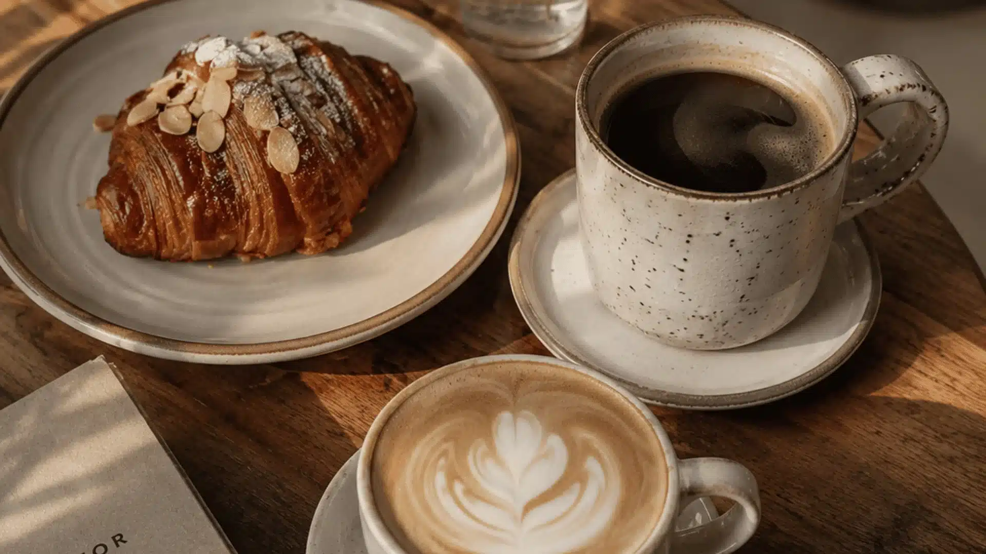 Cozy coffee date setup with latte art, pastry, flowers, and warm café lighting on wooden table