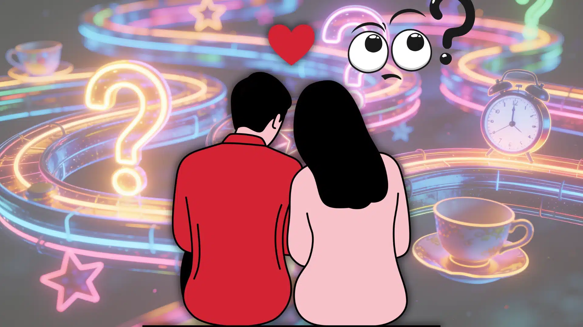 A couple on a couch, with a heart and question marks, illustrating themes of love and uncertainty in their relationship