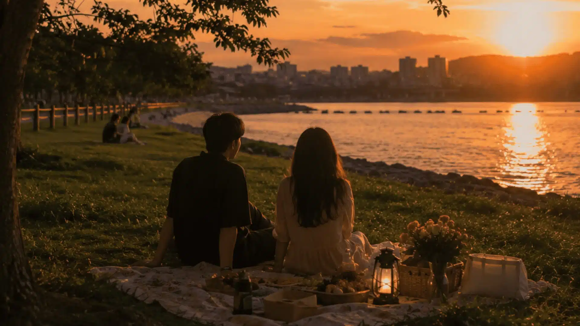 Romantic outdoor picnic date by the lake during sunset with glowing lights and cozy vibes