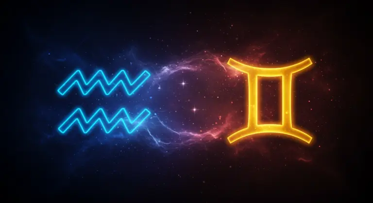 Glowing neon blue Aquarius symbol faces the glowing golden Gemini symbol against a dark, starry nebula background