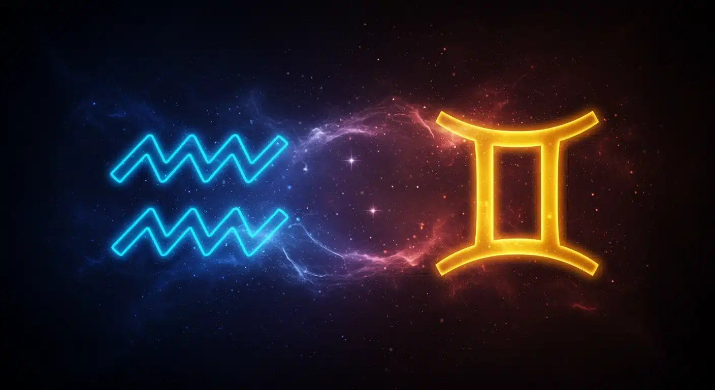 Glowing neon blue Aquarius symbol faces the glowing golden Gemini symbol against a dark, starry nebula background