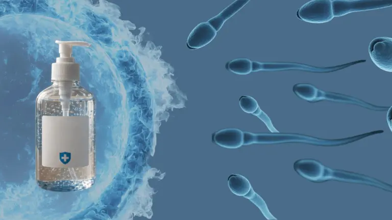 Hand sanitizer bottle on table, hand stopping sperm cells approaching from the other side