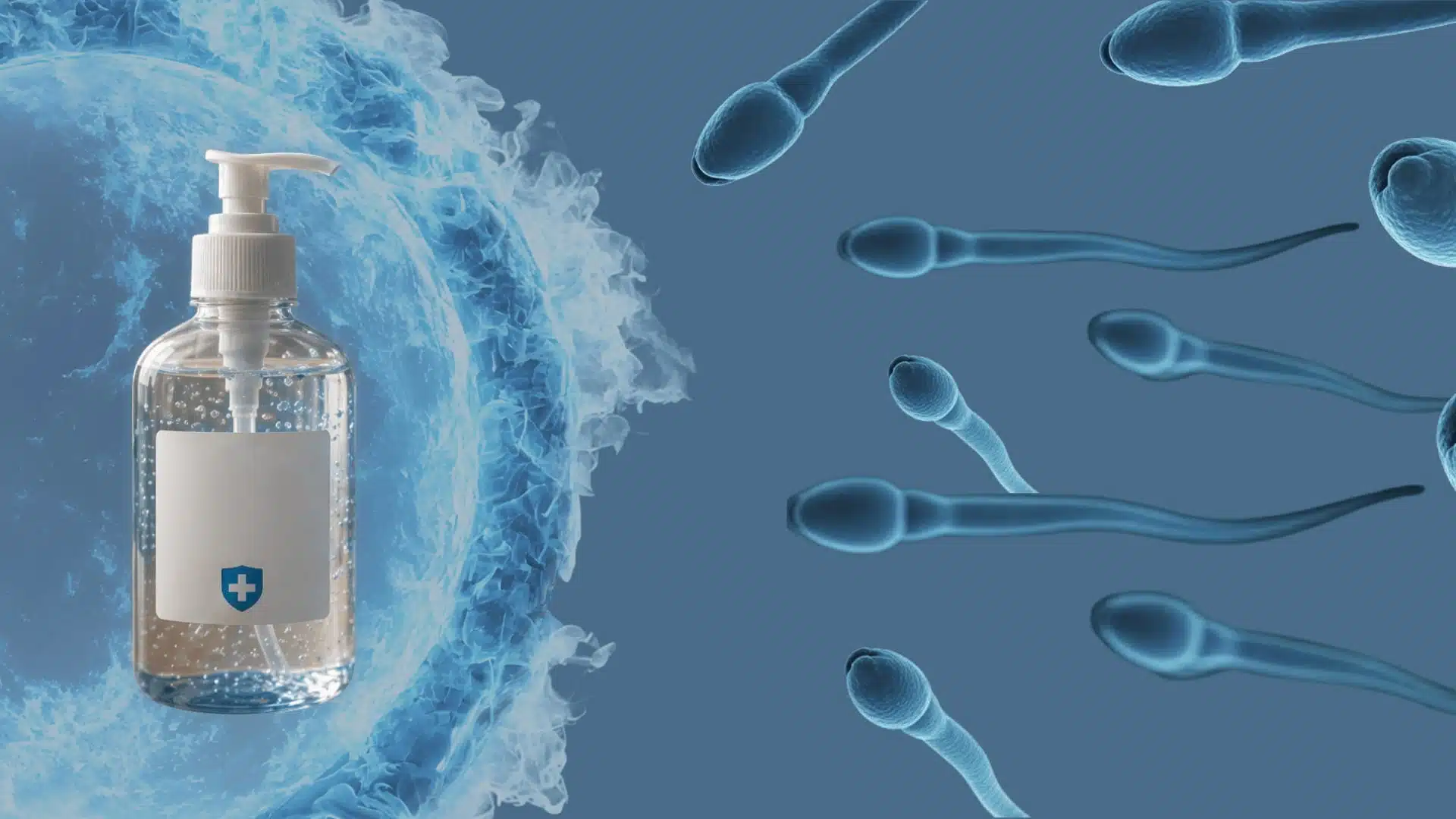Hand sanitizer bottle on table, hand stopping sperm cells approaching from the other side