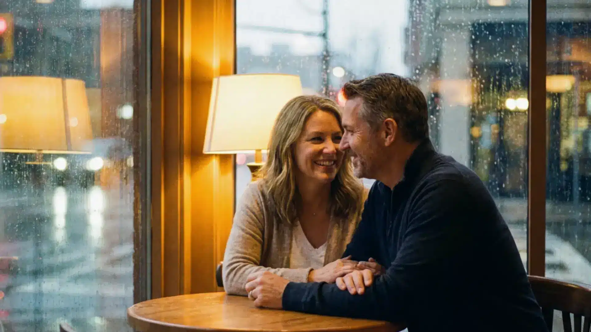 middle aged couple laughing together at a cafe table dating after a divorce feeling hopeful and connected