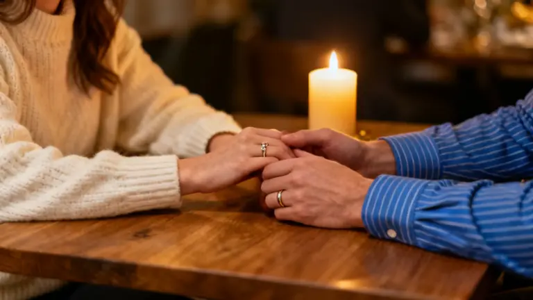 A couple clasping hands at a table, illuminated by the warm glow of a candle, suggesting a romantic dinner.