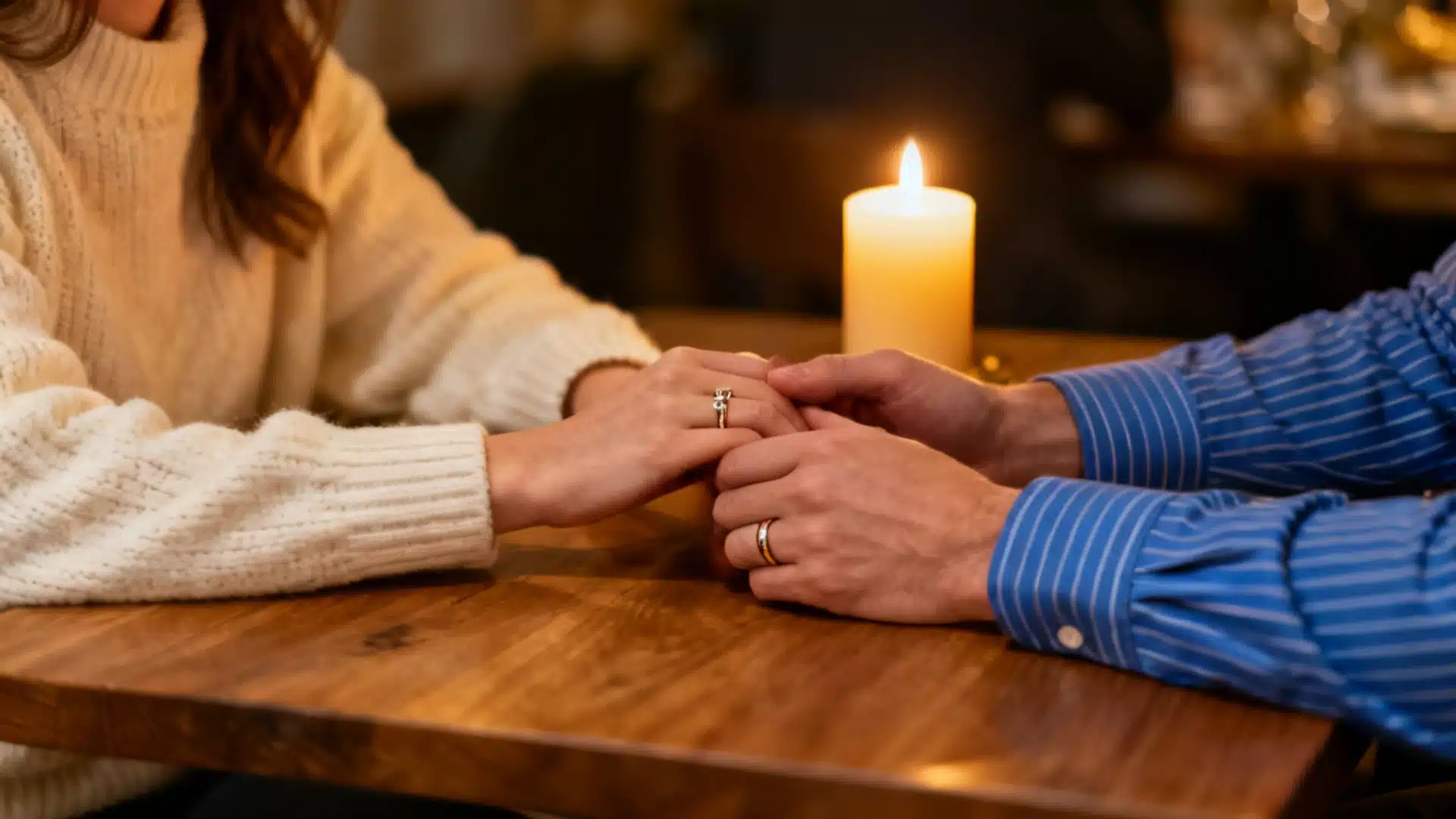 A couple clasping hands at a table, illuminated by the warm glow of a candle, suggesting a romantic dinner.