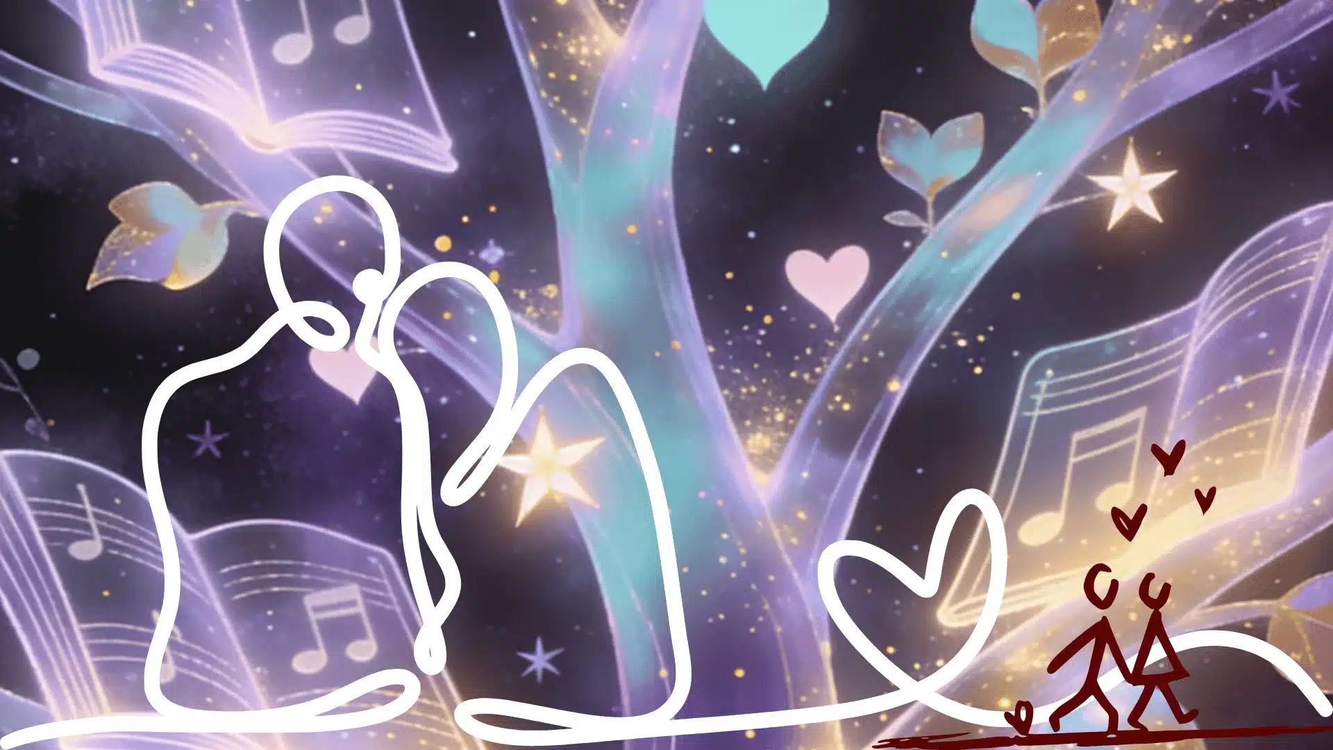 Under a tree, a couple enjoys each other's company, with music notes and hearts illustrating their romantic connection