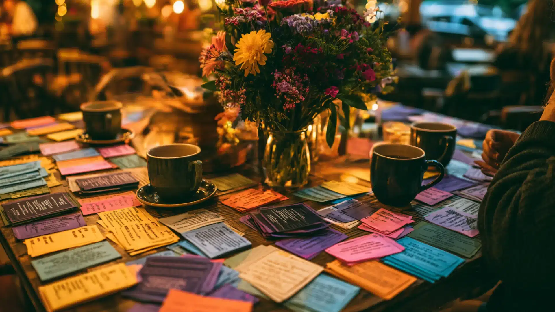 A cluttered table featuring various sticky notes alongside a fresh arrangement of flowers, symbolizing creativity and organization.
