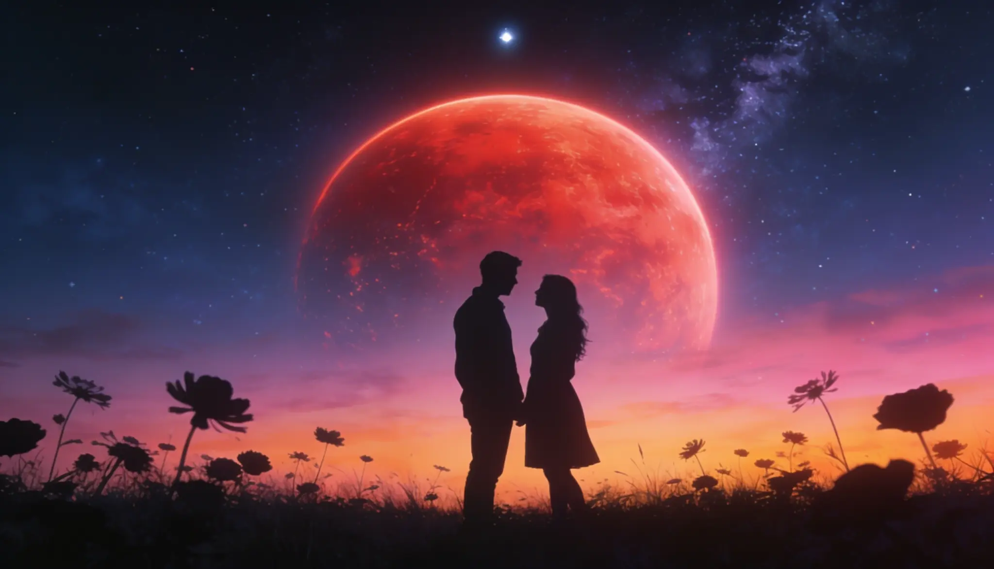 A couple poses with flowers in front of a large red moon, symbolizing love and connection under a celestial backdrop.