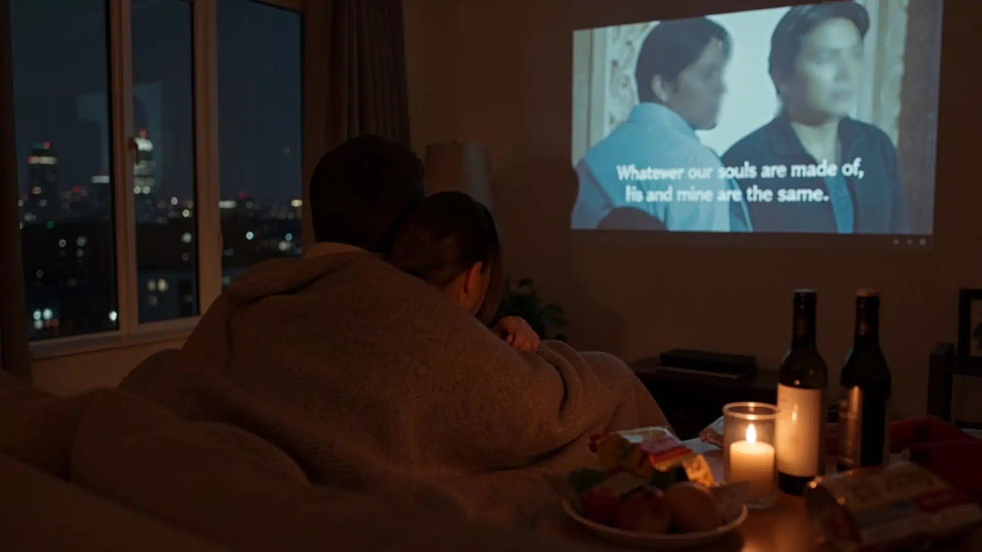 A couple sits together, watching a movie projected on a large screen in a cozy indoor setting