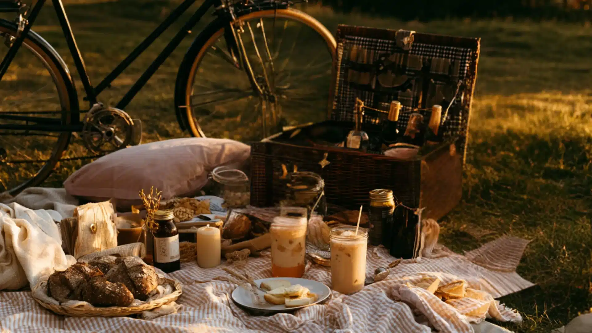 A vibrant picnic scene on grass with a bicycle, a blanket, and a variety of delicious food laid out.