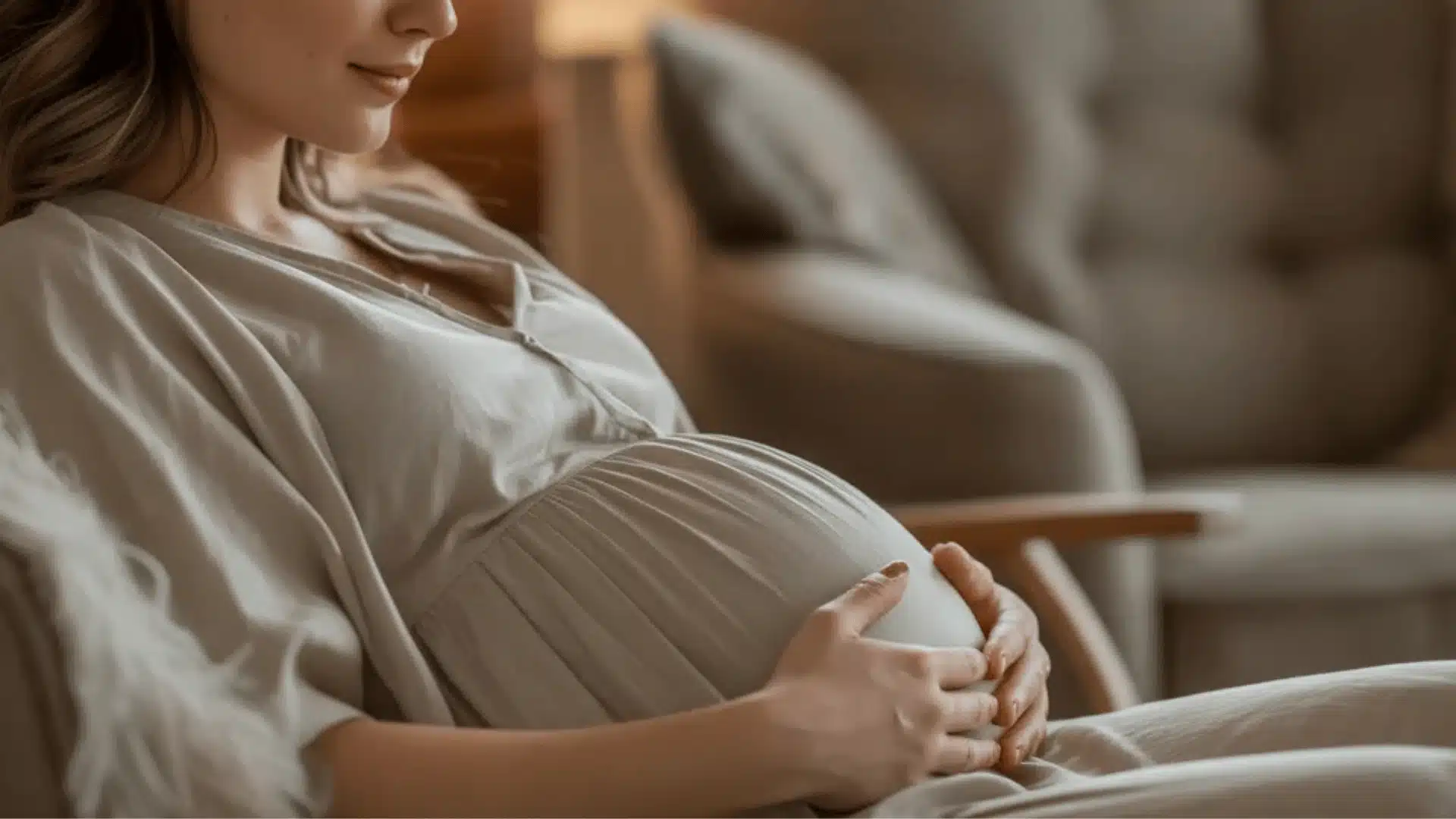 Pregnant woman sitting on sofa, gently holding her belly, soft lighting and calm home setting
