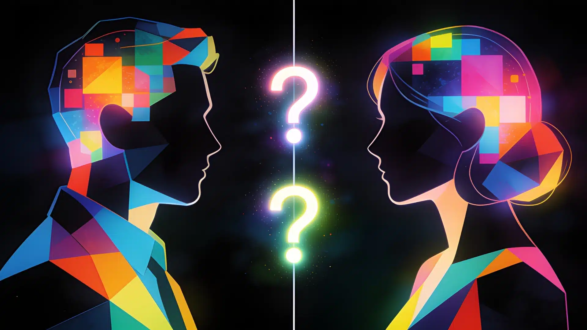 Abstract silhouettes with floating question marks, symbolizing icebreaker questions and curiosity