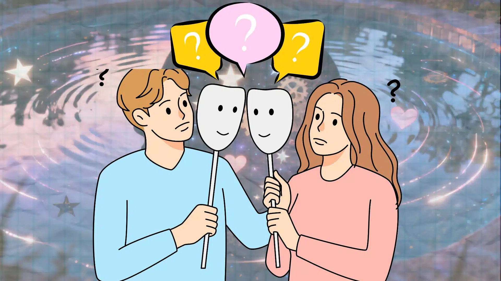 A couple holds two masks with question marks, symbolizing curiosity or uncertainty of knowing each others true personality